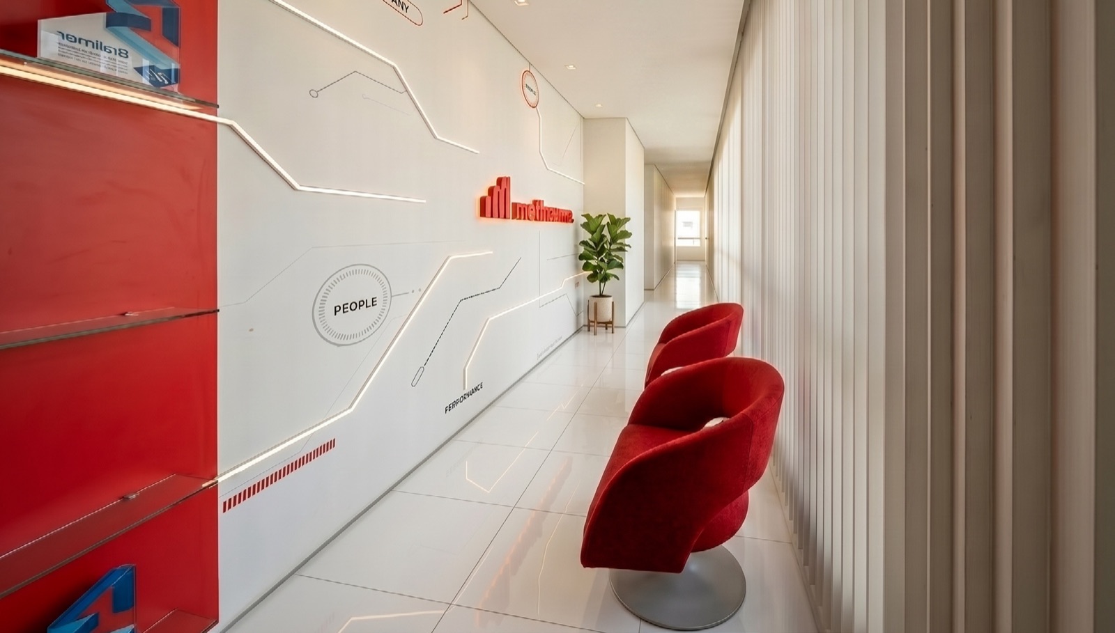 Render da recepção com poltronas e painel gráfico