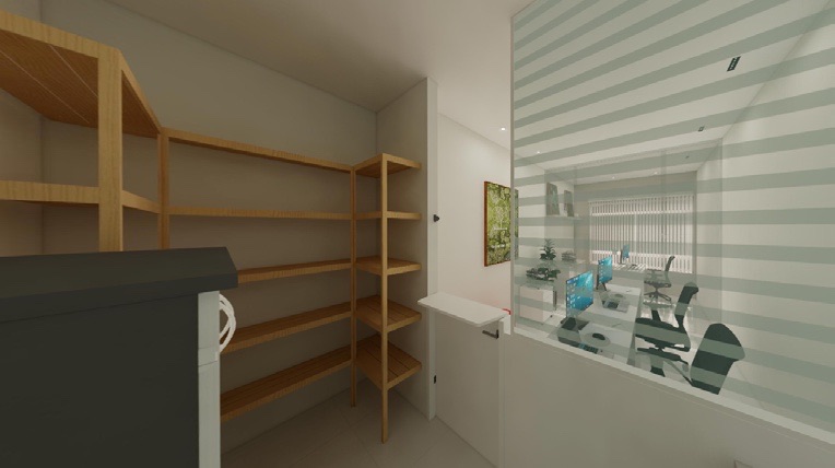 Render da sala de controle de EPIs, com prateleiras de paletes reutilizados