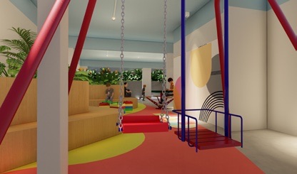 Espaço lúdico com balanços e piso colorido
