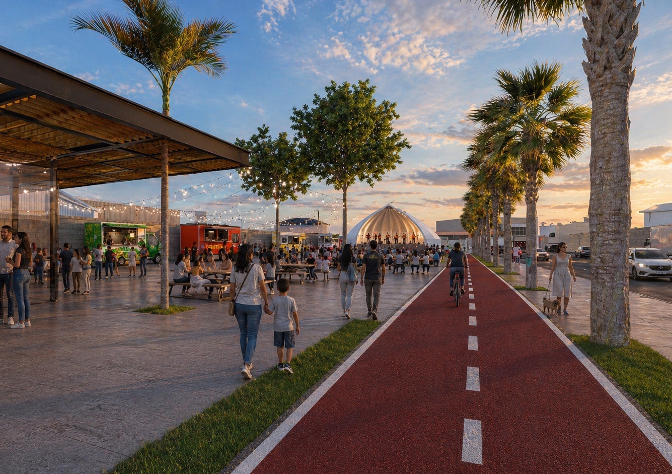 Espaço de eventos do parque linear ao entardecer, com food trucks e ciclofaixa