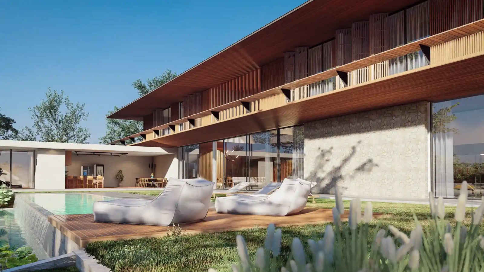 Residência de alto padrão com deck, piscina e brises de madeira