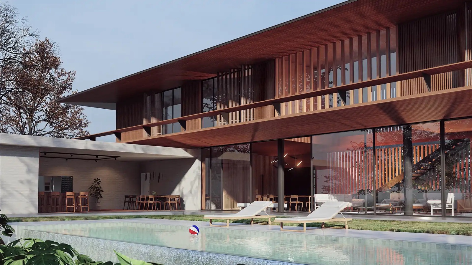 Residência com piscina, brises de madeira e área gourmet integrada
