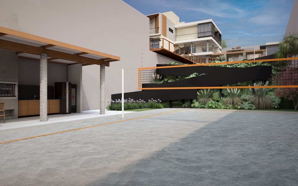 Platô com quadra de beach tennis e área gourmet